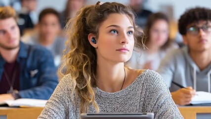 A focused student in a classroom, engaged and attentive, surrounded by peers. The atmosphere is studious and collaborative, reflecting a modern learning environment. - Powered by Adobe