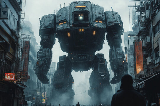 Giant Robot Monster in Apocalyptic City Ruins Science Fiction Scene Generative AI