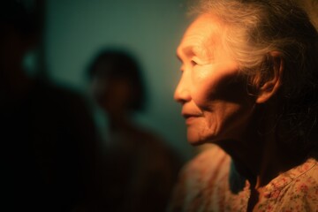 Elderly woman with gentle expression and soft lighting in a warm indoor setting during a gathering