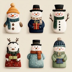 Festive snowmen and penguin characters celebrate winter holidays with cheerful gifts and warm attire