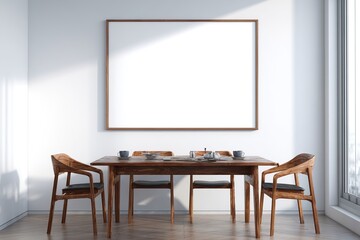 Bright minimalist dining room interior with wooden furniture and large blank poster frame on white wall for artwork or product presentation mockup. 3D Rendering. High quality