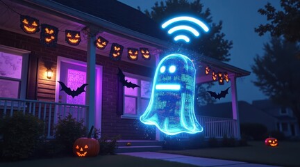 Haunted house with glowing ghost and halloween decorations