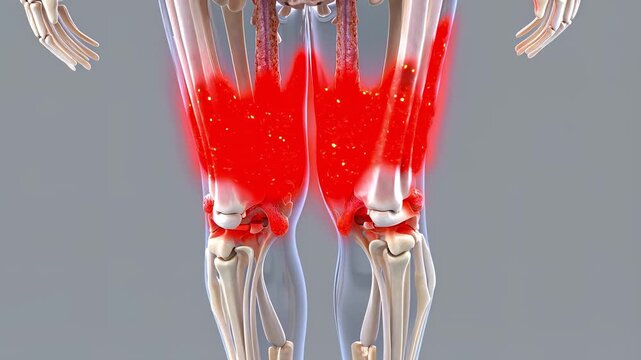 Visualization of human knees with detailed anatomy, transparent tissues and clearly defined bone structures. Problem areas above the knees and inflamed areas are highlighted in bright red.