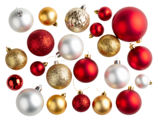 Set of Mixed Christmas Ornaments with Matte, Glossy, and Glitter Finishes, Scattered Layout, Transparent Background