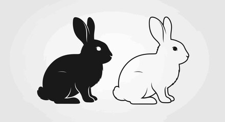 Obraz premium Two stylized rabbits, one black and one white, sit side-by-side.
