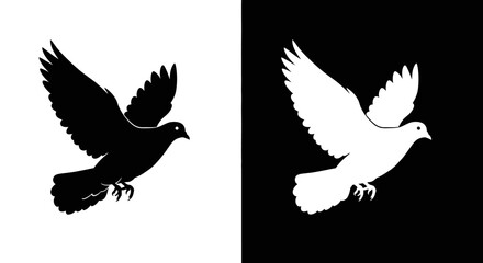 Two stylized doves, one black on white, the other white on black, both in flight.