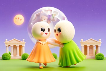 Charming 3d rendered characters with large eyes and round heads embrace under a glowing moon with classical architecture in the background