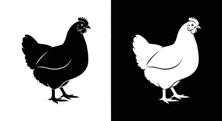 Fototapeta premium Two contrasting silhouettes of a chicken, one black, one white, on opposing backgrounds.