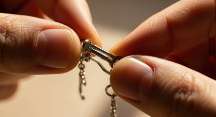 Closeup of careful hands clasping delicate silver earring with secure fastener in natural light focusing on intricate fine jewelry detail and craftsmanship