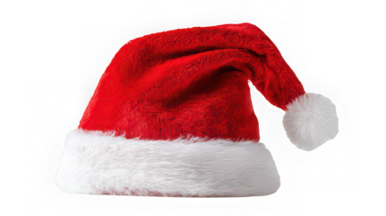 Red Santa hat with white fur trim and pompom, festive holiday