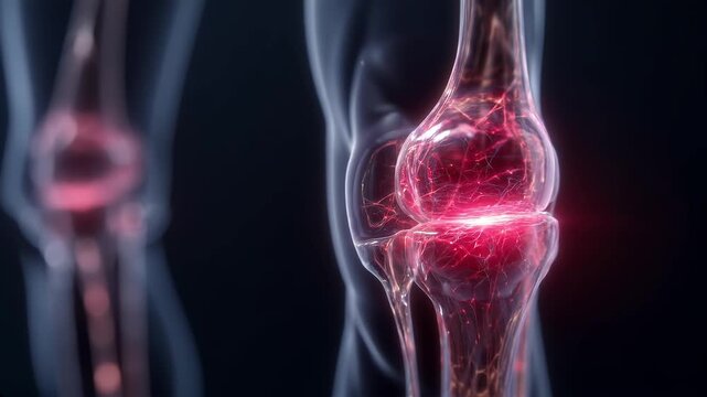 3D realistic visualization of the human knee joint with detailed anatomy with translucent tissues and clearly defined bone structures. Illustration of pain associated with joint damage.