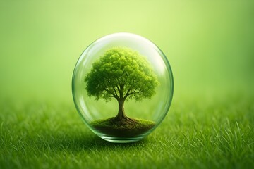 Tree in Glass Sphere on Lush Grass – Eco Conservation Symbol