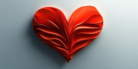 Red paper heart sculpture created with intricate layers displayed against a soft blue background