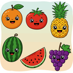 Cute Cartoon Fruit Characters with Happy Faces for Children s Illustration