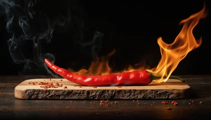 Canvas schilderij Hete pepers Vibrant red chili pepper in rich sauce on wooden cutting board. Curved chili pepper shape adds dynamic interest. Dark background contrasts with brown wood grain and red pepper.  © Maryna