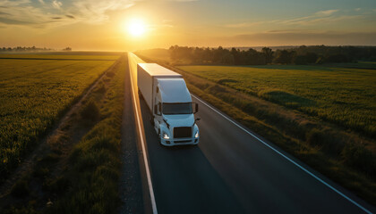 Serene highway scene at sunset with white truck driving towards viewer. Field with swaying grass and trees in background. Road leads to distant horizon