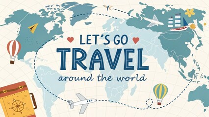 Let's Go Travel Around the World with Fun Map and Icons Design
