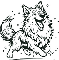 Fototapeta premium Happy Dog in Motion Monochrome Vector Illustration Featuring a Fluffy Smiling Pup Leaping with Sparkles in a Cheerful Scene