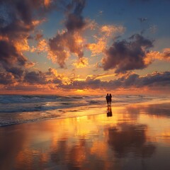 A romantic couple strolls along a serene beach, silhouetted against the backdrop of a breathtaking sunset, its warm hues reflecting on the wet sand and water. A scene of peace, love, and serenity.