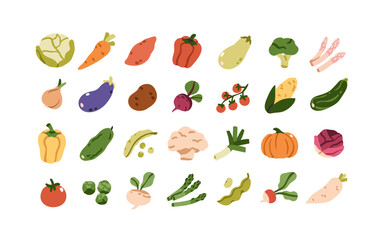 Vegetable icons set. Organic natural crops, carrot, potato, broccoli, tomato and asparagus. Fresh farm produce, vegetarian food ingredients. Flat vector illustrations isolated on white background © Good Studio
