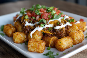 Delicious loaded tater tots with cheese, chili, and toppings