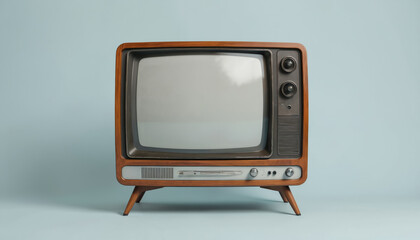 Vintage TV set in gray room with wooden frame. Off television has light blue background, slightly tilted screen, revealing inner workings. Classic entertainment device with retro style.