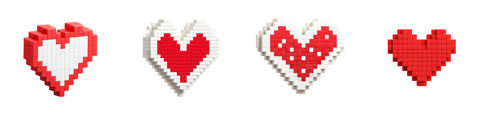 Obraz premium Pixelated Hearts Collection, Red and White Isolated