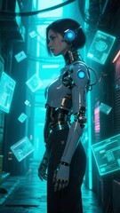 Fototapeta premium A humanoid robot with glowing blue lights stands in a futuristic, cybernetic environment.