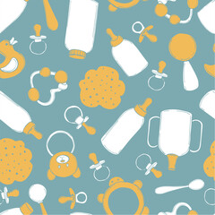 Items for newborn.  Hand drawn baby toys and accessories. Vector  seamless pattern 