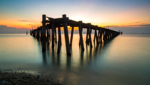 Rustic wooden pier at sunset over calm water