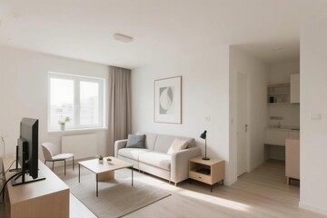 Fototapeta premium Modern apartment interior with clean design, neutral tones, and soft natural lighting.