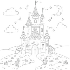 Obraz premium Fairytale Castle on a Hill with Moon and Stars Coloring Page