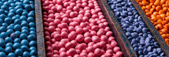 Colorful granules arranged in rows showcasing vibrant hues at a creative workshop event in the afternoon