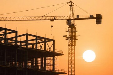 Construction site with steel framework and crane against sunset, symbolizing industrial progress and golden hour warmth.
