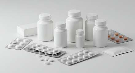 Sterile and clean image of vitamin bottles, pill containers, blister packs, and medical packaging on a clinical white surface — all unbranded.