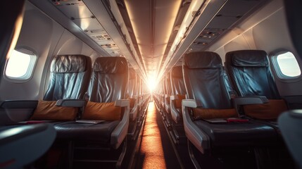 Empty airplane cabin with sunlight streaming through the windows.
