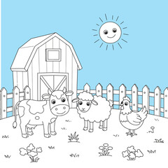 Cute Farm Animals Coloring Page with Cow Sheep Chicken and Barn