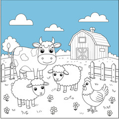 Cute cartoon farm animals coloring page with cow sheep and chicken