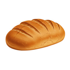 Freshly baked loaf of bread with golden crust, set against a simple white background