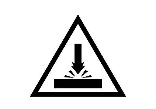 Warning sign depicting a downward force impacting a surface, indicating potential crushing hazard.