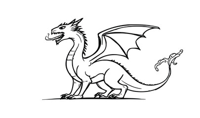Fototapeta premium Standing Dragon Vector Outline – Fierce Side View Mythical Creature with Wings and Tail in Line Art Sketch Style
