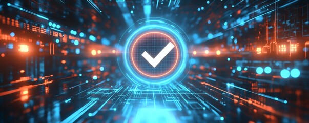Obraz premium Futuristic digital interface with glowing check mark in checklist. Technological concept on dark background. Idea for digital, online voting, software, website