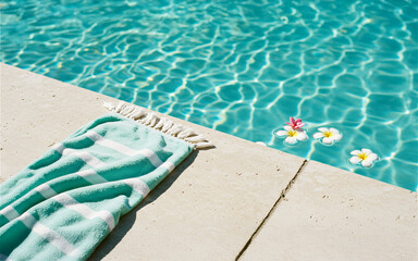 Striped Towel and Flowers by Swimming Pool