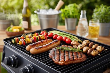 Barbecue grill cooking meat and vegetable skewers on a summer day outdoors