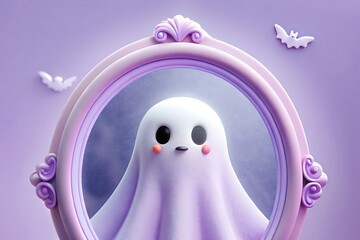 Adorable pastel purple ghost peeking out of an ornate vintage mirror with cute bats