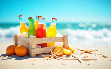 Colorful Beverages in Cooler on Sandy Beach