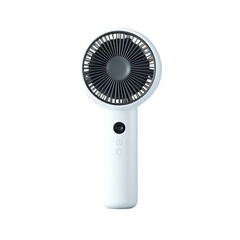 Compact, white handheld fan with a circular fan head.  The fan features a dark gray circular fan, a white handle, and small circular details on the handle