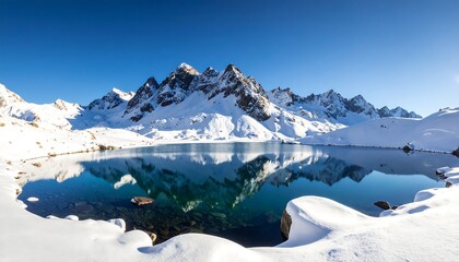 Calm, pristine alpine lake reflects snow-capped peaks under a vibrant blue sky