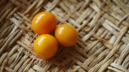 Salted egg yolks in a rattan basket. Concept of mid autumn ingredient, moon cake recipe