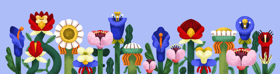 Floral border, summer banner design. Blooming garden flower blossoms and leaves, modern whimsical botanical pattern, quirky fantastic exotic nature. Creative abstract flat vector illustration © Good Studio